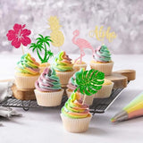 24Pcs Tropical Luau Cupcake Toppers Glitter Palm Tree Flamingo Pineapple Aloha Cupcake Picks Decorations For Hawaiian Luau Theme Birthday Party Supplies