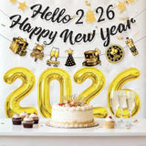 Pre-Strung Hello 2026 New Year Banner Black Glitter Party Decorations