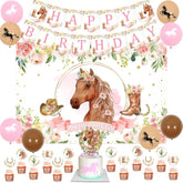 Horse Birthday Party Decorations Kit For Girls - Themes Banner & Photo Backdrop, Cake Cupcake Toppers, Racing Balloons, Western Cowgirl Happy Supplies