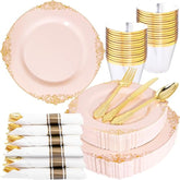 175Pcs Pink Plastic Plates - Disposable Pink Gold Party Plates & Pre Rolled Napkins With Cutlery For 25 Guests, 50Plates, 75Silverware, 25Cups, 25Napkin For Wedding & Party