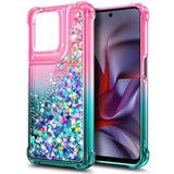 Compatible With Motorola Moto G-2025 Case Pink/Aqua | Bling Sparkly Glitter Floating Liquid Waterfall Cute Phone Cover For Women Girls Kids With Diamond Wrist Strap Lanyard
