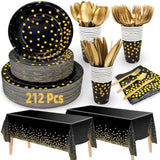 212 Pcs Black Gold New Year Disposable Plates, Napkins, Cups, and Tableware for 30