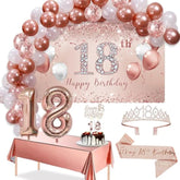 67pcs 18th Birthday Balloon Set with Rose Gold Banner, Tiara, Tablecloth & Cake Toppeer