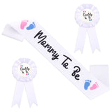 Mommy To Be Sash For Baby Shower With Mommy And Daddy To Be Tinplate Badge Pins With Red & Blue Foot Prints For Party Favors (3Pcs)
