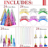 120pcs 2026 New Year Party Hats Tiara Necklaces Squawkers Multicolor