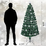 6Ft Pre-Lit Artificial Christmas Tree, Lighted Optical Fiber Xmas Trees With Warm White Large Stars & Color Changing Optical Fiber Lights, Party Home Holiday Green Fake Tree With Metal Legs