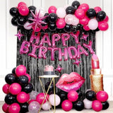 Pink and Black Birthday Party Decor Banner Fringe Curtains and Foil Balloons
