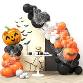 Halloween Balloon Garland Kit 80 Pcs - 5/10/12/18 Inch Orange And Black White Balloon Arch With 1 Pumpkin Foil Balloon, Pvc Bats & Spider Web For Halloween Party Decorations