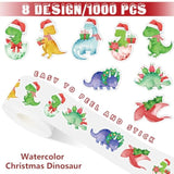 1000Pcs Christmas Paper Sticker Watercolor Dinosaur Decal Jurassic Animal Self-Adhesive Sticker Label For Xmas Winter Gift Card Party Supplies, 1.5 In