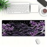 Purple Cherry Blossoms Gaming Mouse Pad, Black And White Japanese Wave Mouse Pad Large Mousepad Extended Laptop Keyboard Mat Gaming Mouse Pad, Office Computer Keyboard Laptop Home, 31.5”X11.8”