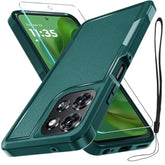 For Moto G Power 5G 2025 Case, Full Body Heavy Duty Rugged Shockproof Protective Phone Cover With Lanyard Strap, Tempered Glass Screen Protector, Dark Green