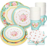 Tea Party Tableware Supplies Serves 24 Floral Tea Party Disposable Paper Dinnerware 24 9" Plates 24 7" Saucer Plate 24 9Oz Tea Cups With Handle 48 Luncheon Napkins For Birthday Bridal Shower