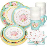 Tea Party Tableware Supplies Serves 24 Floral Tea Party Disposable Paper Dinnerware 24 9" Plates 24 7" Saucer Plate 24 9Oz Tea Cups With Handle 48 Luncheon Napkins For Birthday Bridal Shower