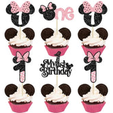 24Pcs Mouse 1St Birthday Cupcake Toppers, Pink Bow Mini First Birthday Cake Decorations Mouse One Cupcake Picks For Baby Shower 1St Birthday Party Decors Black Pink