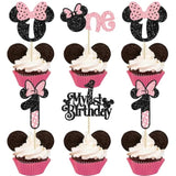 24Pcs Mouse 1St Birthday Cupcake Toppers, Pink Bow Mini First Birthday Cake Decorations Mouse One Cupcake Picks For Baby Shower 1St Birthday Party Decors Black Pink