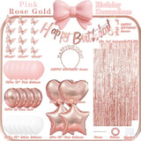 Birthday Decorations For Women Girls Tinsel Curtains 3D Butterfly Stickers Foil Balloons Happy Birthday Banners Rose Gold Crown