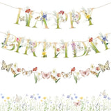 Wildflower Butterfly Happy Birthday Banner Garden Party Decoration Floral Birthday Decorations For Women Girl Spring Summer Birthday Baby Shower Supplies | Pre-Strung