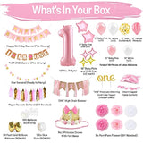 1St Birthday Girl Decorations With Birthday Crown- Baby First Birthday Decorations Girl - Pink And Gold Party Supplies - One Balloon, Heart And Confetti Balloons, Happy Birthday Banner One Cake Topper