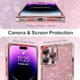 Luxury Glitter For Iphone 14 Pro Max Rectangle Case With Screen Protector, Crystal Diamond Rhinestones Sequin Bling Sparkly Glossy Cute For Women Soft Shockproof Protective Phone Case, Pink