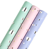 Mini Short Small Wrapping Paper Roll With Cut Lines On Reverse (17" X 120" Per Roll) - Light Purple/Pink/Blue With Gold/Silver Foil For Birthday, Wedding, Baby Shower,Bridal Showers