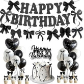 Black Bow Birthday Party Decorations Black And White Balloons Whit Bow Happy Birthday Banner Bow Haning Swirls Bow Cake And Cupcake Toppers For Girls Baby Shower Coquette Birthday Party Decorations