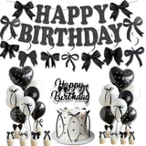 Black Bow Birthday Party Decorations Black And White Balloons Whit Bow Happy Birthday Banner Bow Haning Swirls Bow Cake And Cupcake Toppers For Girls Baby Shower Coquette Birthday Party Decorations