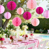 12 Pcs Pink and Hot Pink Paper Honeycomb Flower Balls for Party Ceiling Wall Hanging Tissue Pom Poms Decor (6 inch & 10 inch)