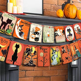 Vintage Halloween Party Banner: Retro Cats, Pumpkins, Ghosts