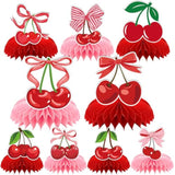 Cherry Birthday Party Decorations - 9 Pcs Pink Bow Honeycomb Centerpieces For Girls Women Sweet Cherries Table Ornaments Sets Happy Paper Fruit Theme Supplies Red Coquette Display Decors