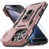 Case For Iphone 16 Pro Max With Slide Camera Cover+Screen Protector (1 Pack), Rotated Ring Kickstand Military Grade Shockproof Protective Cover-Rose Gold