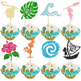 32Pcs Moana Inspired Cupcake Toppers Glitter Palm Leaf Flower Cupcake Picks Tropical Hawaiian Luau Theme Cake Decorations For Baby Shower Birthday Party Cake Supplies Multi