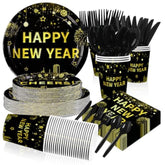 168pcs Black Gold New Year 2026 Party Tableware Plates Cups Napkins Forks