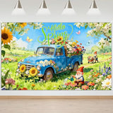 Hello Spring Banner Blue Truck Flowers Garden Elf Spring Background Party Decorations Indoor Outdoor Photo Booth Props (6X3.6Ft)