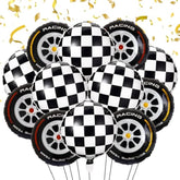 18" race car wheel balloons, black-white checkered, 12 pcs for birthday party