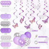 72PCS Purple Birthday Decorations Lavender Silver Balloons Banner Lanterns Swirls for Party