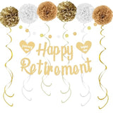 Gold Happy Retirement Party Decor Set with Banner, Swirls & Pom Poms