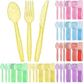 180 Pieces Glitter Plastic Silverware Set Disposable Clear Plastic Cutlery Flatware For Party 60 Knives 60 Spoons 60 Fork For Party Birthday Dinnerware Supplies(Multicolor)
