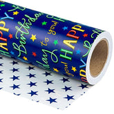 Reversible Birthday Wrapping Paper - Mini Roll - 17 Inch X 33 Feet - Blue Star Happy Birthday Wrapping Paper For Men, Adult, Boy, Baby Shower, Holiday