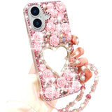 For Iphone 16 Glitter Bling Case,Cute Girly 3D Sparkle Heart Makeup Mirror Crystal Rhinestones Flowers Diamond Gems Pearl With Lanyard Wrist Strap Women Girls Case For Iphone 16 6.1" (Pink)