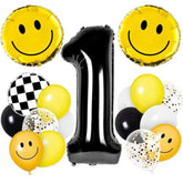 29Pcs One Happy Dude First Birthday Party Decorations Yellow White Black Balloons Checkered Number 1 Balloon For Smile Face First Birthday Decoration Supplies