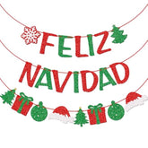 Feliz Navidad Banner With Christmas Sign Garland, Pre-Strung Spanish Merry Christmas Banner, Christmas Party Decorations For Home Office Fireplace Mantel, Red And Green Glitter