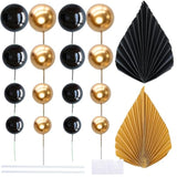 28Pcs Paper Palm Fan Cake Topper Balls Cake Pick Decoration For Baby Shower Wedding Bridal Shower Birthday Party Diy Cake Decorations Supplies Black Gold