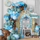 Travel Themed Party Balloon Arch Kit 131Pcs Dusty Blue Coffee Balloon With Globe Plane Aluminium Balloon For Time Flies 1St Birthday Party Retirement Farewell Party Decorations