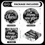 200Pcs Happy New Year Party Decorations Black And Silver Plates And Napkins Disposable Black Silver Glitter Tableware Sets For New Years Eve 2026 Holiday Festive Party Supplies Serves 50