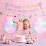 7Th Birthday Party Decorations - 40 Pcs Donut Sweet Sassys And 7 Hanging Swirls Decors Sets For Girls Seven Candy Celing Banner Supplies Happy Dessert Insert Cupcake Toppers Balloons Favors