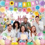 Spring Party Decorations - Hello Spring Backdrop, Banner, Hanging Swirl, Honeycomb Centerpieces, Paper Pom Poms And Balloons For Floral Birthday Themed Party Supplies