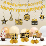 11pcs 70th Birthday Decorations – Black & Gold Banner, Centerpieces, Swirls and Table Toppers