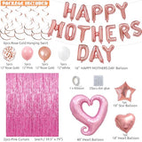 Mothers Day Decorations, 48PCS Included Happy Mothers Day Pink Rose Gold Balloon, Hanging Swirls and Pink Foil Fringe Curtain, Happy Mothers Day Decorations for Party