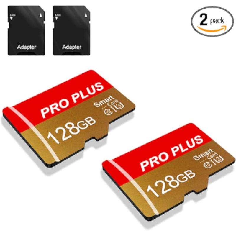 2-Pack 128GB SD Cards, UHS-I, C10, A1, High Speed, with Adapter, Red/Gold