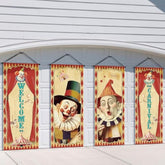 4 Pcs Vintage Halloween Carnival Banner Circus Carnival Party Supplies Retro Clown Porch Sign Halloween Garage Decorations Backdrop Poster For Indoor Outdoor Wall Hanging Decor
